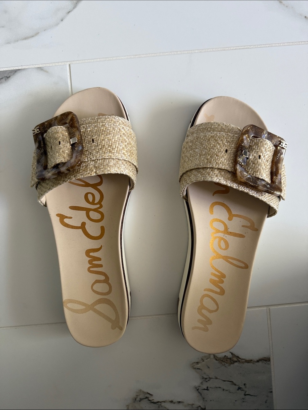 Sam Edelman Tan Raffia Slide Sandals with Tortoiseshell Buckles